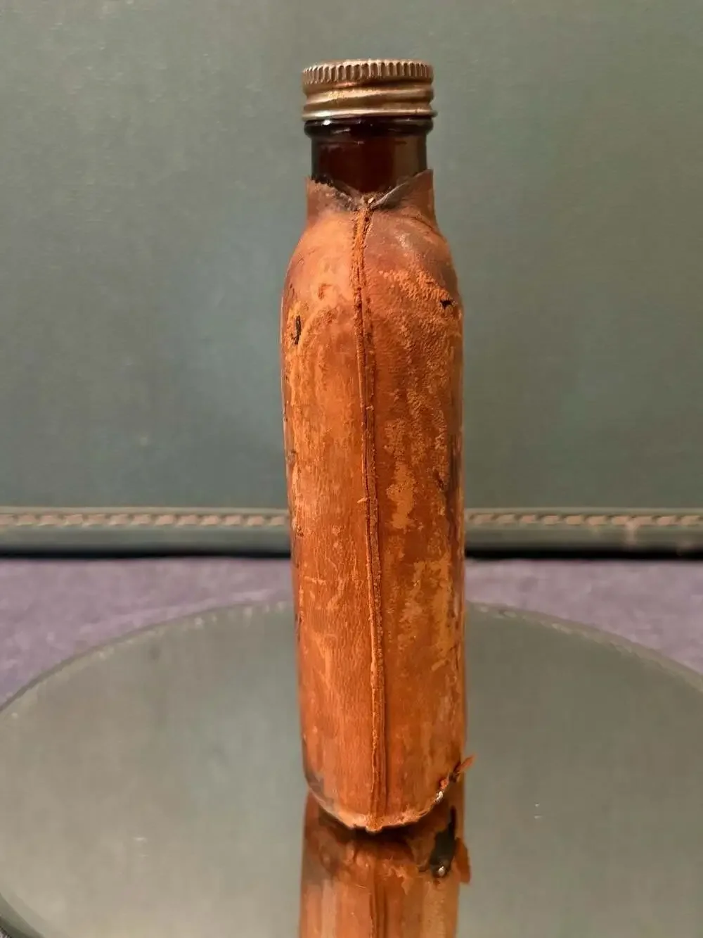 Vintage Prohibition-Era Leather-Wrapped Amber Glass Flask
